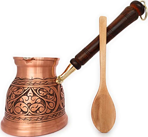 DEDE Copper - IST Series (XLarge-16.9 floz) - Thickest Solid Copper Engraved Turkish Greek Arabic Coffee Pot with Wooden Handle, Stovetop Coffee Maker Cezve, Jezve, Jazva, Jazzve, Ibrik, Briki (Matte)