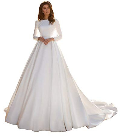 Snow Lotus Robe de mariée élégante en satin à manches longues pour femme, ivoire, 36