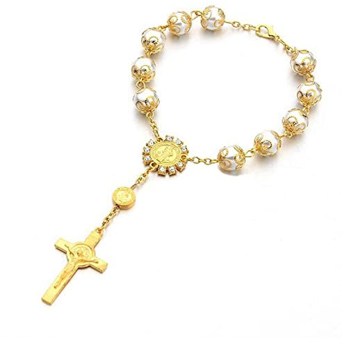 Floatdream Bracelet Perlé Croix, Bracelet Catholique pour Femmes, Chapelet Catholique, Exquis et Beau, für Anniversaire, Bal, Baptême, Fête (Blanc)