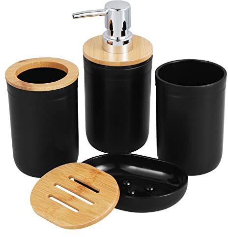 Kinsinder 4 Stück Bambus Badezimmer Zubehör Set, Bad Accessoire Set Zahnputzbecher, Bambus Bad Zubehörset mit Zahnbürstenhalter, Mundwasser Cup, Lotion Flasche und Seifenschal (Schwarz)