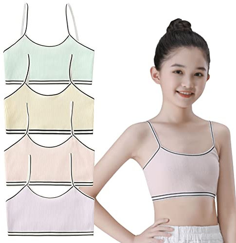 FedMois Brassières Soutiens-Gorge de Sport Fille en Coton, Lot de 4, Jaune, Rose, Vert et Violet, 6-8 Ans