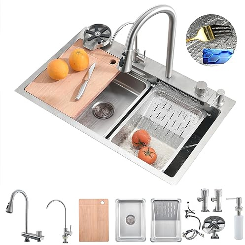 Bokaiya Évier de Cuisine, Cascade Multifonction Évier, Evier de Cuisine à Comptoir Raindance Professionnel Lavabo Acier Inoxydable avec Lave Verre & Robinet Extractiblen Haute Pression Argent 68x45cm