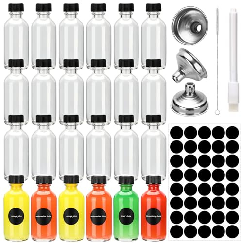 24 Mini Bouteille Verre 60ml, Bouteilles Miniatures Réutilisables avec Bouchons Noirs et Entonnoir, Petite Bouteille en Verre Vide, Mignonette Vide Pour Huiles Essentielles, Shots de Gingembre et Plus