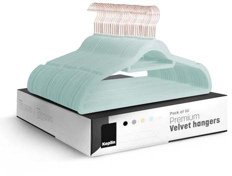 KEPLIN Adult Size Velvet Hangers, Non-Slip & Tie Bar - Mint Green, 50 Pack | 360° swivel hook, holds up to 4.5kg, space-saving, non-slip velvet, ideal for suits, jackets & coats