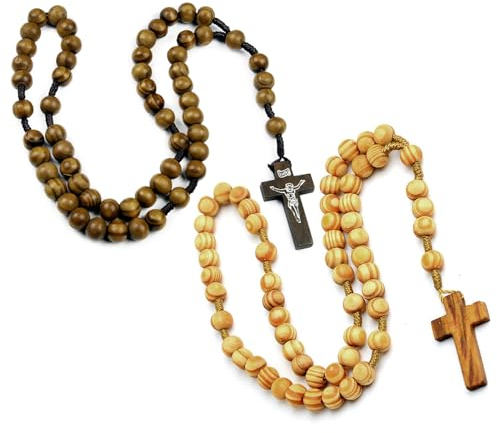 Ryaupy 2PCS Jerusalem Rosenkranz aus Olivenholz - Handgefertigt Kruzifix-Halskette - Religiöser Schmuck mit Katholischer Medaille für Männer und Frauen(Dunkle und Holzfarben)