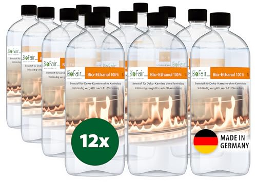 BioFair Bioethanol 100% | 12 x 1L Flasche | Für Ethanolkamin, Bioethanolkamin, Gartenfackel | Innen & Außen | Geruchs- & Rußfrei | Hochreines Bio Ethanol