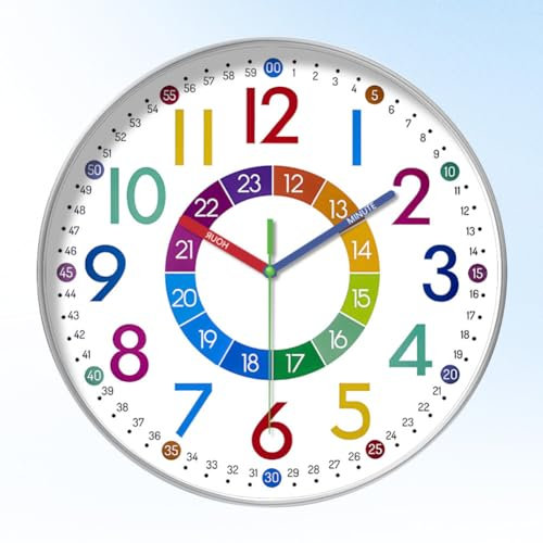 EUBSWA Orologio da parete per bambini, senza ticchettio, analogico per bambini, per imparare l'ora, con movimento silenzioso, orologio da parete per cameretta dei bambini, per ragazze e ragazzi (B)