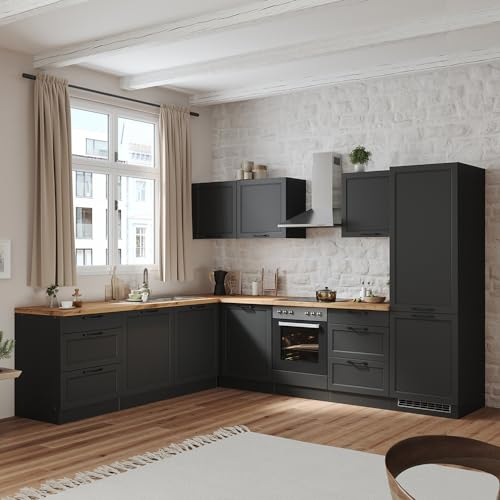 Lomadox Winkelküche Küche Einbauküche Küchenzeile L-Form 300/240 cm mit E-Geräten in grau, Arbeitsplatte in Eiche, inkl. Dunstabzugshaube, Herd, Backofen, Geschirrspüler, Kühlgefrierkombi