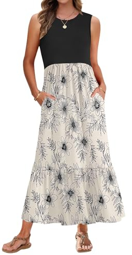 AUSELILY Summer Maxi Dresses for Women UK Sleeveless Ladies Floral Summer Dresses Beach Coverups Sun Dresses Tiered Flowy Swing Long Dress with Pockets L