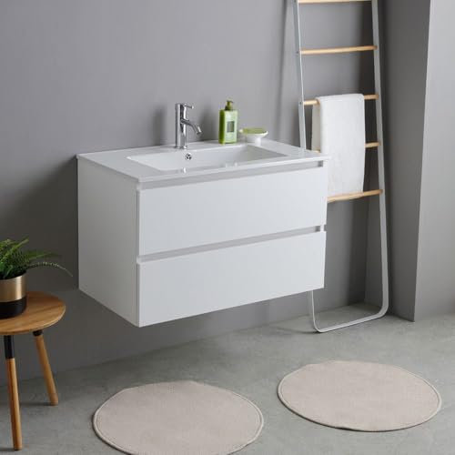 Kiamami Valentina Meuble de Salle de Bain 80 cm Blanc Effet Bois avec lavabo en céramique | Bilbao