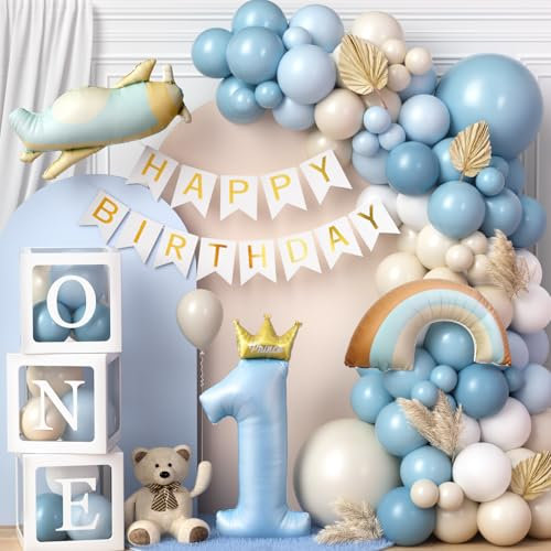 Toyssa 1st Birthday Decorations for Boys, Retro Blue Balloon Arch Kit with ONE Balloon Boxes Foil Balloons Happy Birthday Banner, First Boys Decoration Party Supplies for Kids