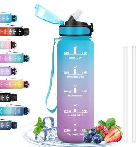 Grsta Borraccia 1 Litro, con Cannuccia Senza Perdite, Motivazionale con Scala Temporale, Facile da Pulire, con Orari per Bere, per Scuole, Corsa, Campeggio, Yoga