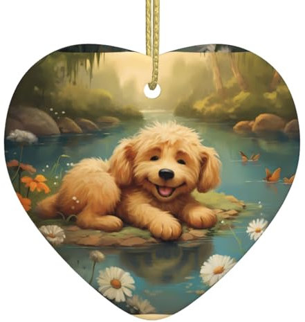WZYWHJ Colgante de corazón de cerámica de Navidad para decoración de festivales y regalo de recuerdo de cachorro tumbado en el borde del agua