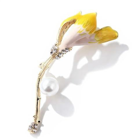 Magnolia Broche fleur de tulipe jaune perle pour femme, Pierre Verre Pierre Émail Verre, Zircone cubique Agate Obsidienne