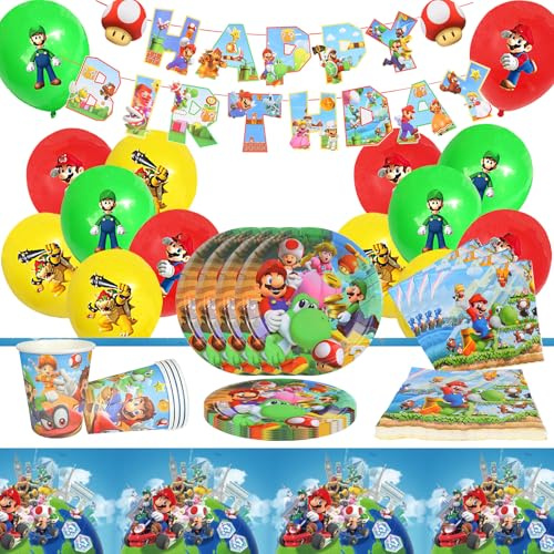 SolWonder Vajilla de Cumpleaños de Niños, 57pcs Vajilla Decoración Fiesta Temática, Incluye Pancarta, Platos, Vasos, Papel de Seda, Mantel y Globos - 10 Porciones
