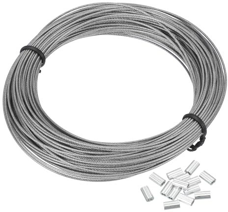 PATIKIL 1mm Wire Rope, 66 ft 304 Stainless Steel Wire Cable Black Vinyl Coated with 20pcs M1 Crimping Sleeves for Hanging Lights Clotheslines Trellis Wire, Clear