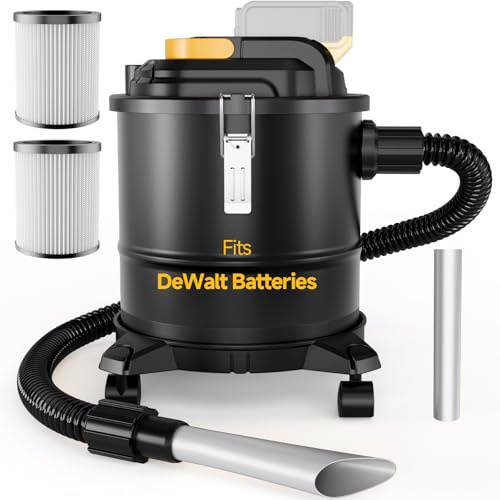 Cordless Ash Vacuum for Pellet Stoves, for DEWALT 20V Max Battery, Pellet Stove Vacuum Cleaner with 2 HEPA Filters, Powerful Suction, 4 Gallons & 4 Wheels, 38 Hose for Wood Fireplaces, BBQ Grills