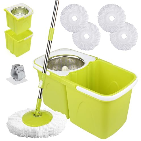 ARSUK Mopp och Hink Set med 2 Extra Mikrofiberhuvuden – 360° Roterande Spinmopp med Urvridningssystem – Justerbart Rostfritt Handtag – För Kakel, Trä, Laminat, Vinyl, Keramik och Hårda Golv