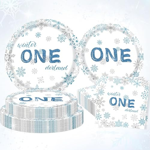 72PCS Winter Onederland 1st Party Decorations Snowflake Plates Napkins First Birthday Decorations for Winter 1st Birthday Supplies Favors