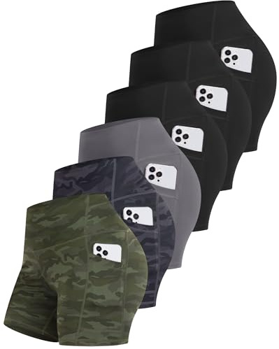CHRLEISURE 6 Packs Womens Biker Shorts with Pocket, 5 Inch High Waisted Tummy Control Spandex Yoga Workout Shorts (Camo-XL)