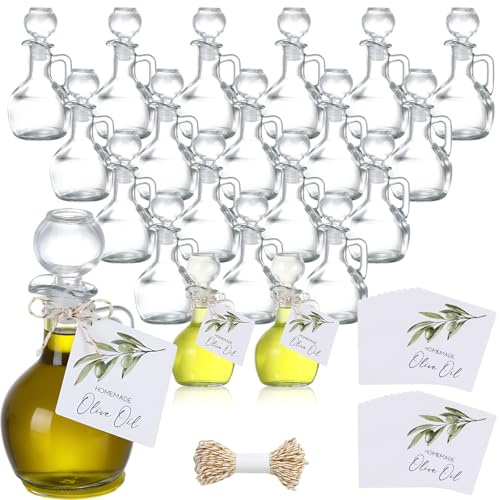 Vesici 20 Set Olive Oil Glass Bottle with Stopper Mini Oil Cruet Dispenser with Label Vinegar Bottle with Spout for Kitchen Salad Dressing Syrup Container for Wedding Baby Shower Party Favors(3.5 Oz)