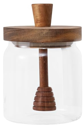 QUUPY 400ML/13.5OZ Glass Honey Pot with Wood Lid and Dipper Airtight Wide Mouth Honey Pot Syrup Dispenser Container for Home Kitchen