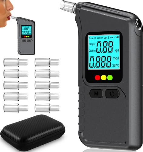 LADYSONS Éthylotest professionnel avec écran LCD numérique, alcoomètre portable pour la maison/les fêtes privées avec 10 embouts buccaux et sac de transport