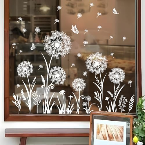 Supzone Bianco Adesivi Finestra Vetrofanie Dente di leone Farfalla Fiori Decorazioni Primavera e Estate, Decorazioni per Vetri Anti-Uccelli Adesivi Statici per Finestre