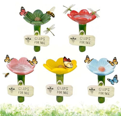 5Pcs Bee Watering Stations for Garden,Flower-Shaped Resin Cups for Bees | Insect Water Feeder Station,Bird Butterfly Drinking Cup,Colorful Garden Pollinator Drinking Cup For Garden Lawn Pathway Patio