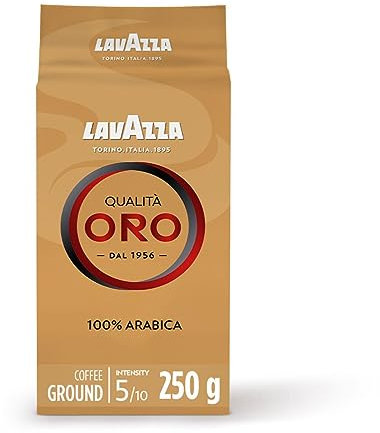 Lavazza, Qualità Oro, Ground Coffee, Ideal for Moka Pot, Filtered Coffee and French Press, with Aromatic Notes of Fruit and Flowers, 100% Arabica, Intensity 5/10, Medium Roast, 250g