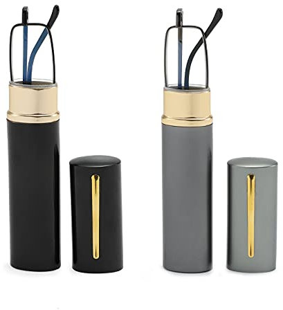 OWTXIS 2 Pack Blue Light Blocking Reading Glasses - Slim Pocket Readers with Pen Clip Case Mini Lightweight Readers (Black, Gunmetal, +2.25)