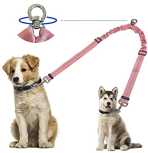 Kelivi Double laisse pour chien, pas de nœuds, rotation à 360 °, 2 répartiteurs de laisse pour chien, très résistant, double laisse pour promener les chiots de petite, moyenne et grande taille (rose)