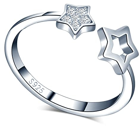MICGIGI Anillo abierto de plata de ley 925 para mujer, diseño de estrella doble, anillo ajustable con circonitas, Plata