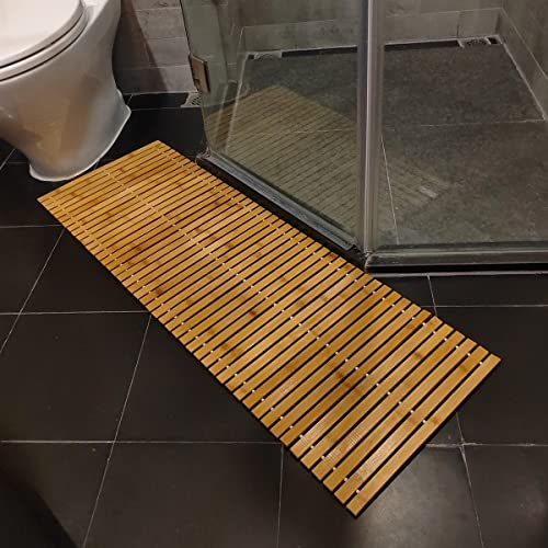 HJJKKH Bath Mat, Wooden Bathroom Mat Rayon Made from Bamboo 47.3x15.7, Rollable Non-Slip Floor Mat, Wooden Shower Mat for Bathroom, Bathtub, Spa, Sauna, Hot Tub & Outdoor Use