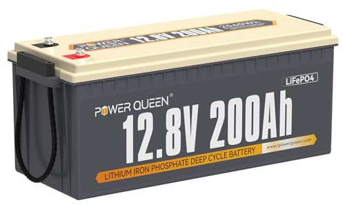 Power Queen Batterie Lithium 12V 200Ah, Batterie LiFePO4 Rechargeable avec BMS 100A, Pour Camping Car, Système Off-Grid, Bateau, Caravane, Solaire …