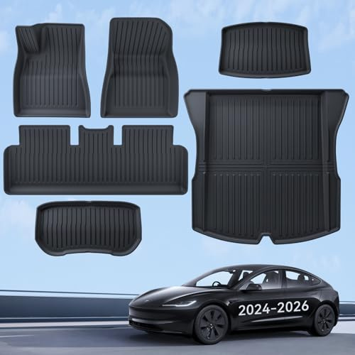 LANTU Golvmattor 6 St för Tesla Model 3 2024-2025 Allväders 3D Hög Kant, Halkfria och Vattentäta TPE Bagagerumsmatta med 3-Lagers Design för Tesla Model 3 Highland Tillbehör