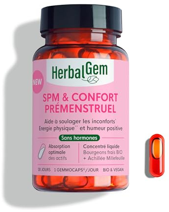HerbalGem Gemmocaps SPM Confort Prémenstruel Bio 30 Capsules | Achillée millefeuille et romarin pour aider à apaiser les inconforts prémenstruels et l'humeur.