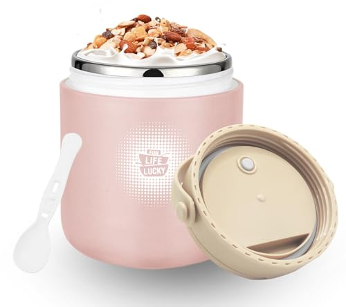 Chedin Recipiente térmico para alimentos, vaso de yogur aislado de acero inoxidable, 430 ml, a prueba de fugas, vaso de yogur para llevar con cuchara y tapa, recipiente térmico para alimentos