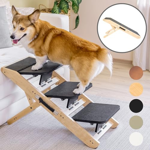 Hundetreppe für Bett & Sofa 2-in-1 Treppe/Rampe - höhenverstellbare Hunderampe für Couch 18-50 cm - Für kleine Hunde - Leicht zu bewegen Haustiertreppe mit Absatzplattform, Natur