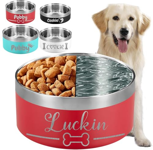 32OZ Personalized Dog Bowl Custom Laser Engraved Pet Name Non-Skid Double Wall Stainless Steel Insulated with Rubber Bottom Durable Pet Food Water Feeding Dishes-4 Sizes & Colors