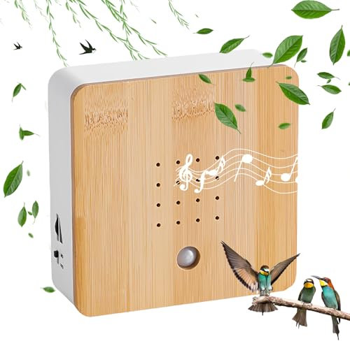 WIYETY Boca de pájaros con detector de movimiento, madera real, sensor de movimiento HF invisible, sonido de pájaro, luz con soporte de pared, caja de sonido natural, pájaro, canto, sonido de pájaro