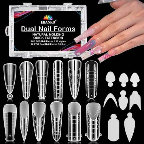 EBANKU 288PCS Unghie Finte Nail System Dual Nail Form, Riutilizzabili Nail Dual Form Kit Nail Form Acrilico Tips Unghie con 96 Film per Unghie French Manicure(12 Stili)