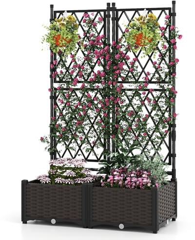 HOMASIS Lit de Jardin Surélevé en Bois avec Treillis, Jardinière d’Extérieur avec Disque Auto-Arrosant, Trous de Drainage, Bac à Fleurs pour Plantes Grimpantes, Légumes 80 x 40 x 126 cm (Noir)