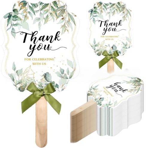 Set di 20 ventagli per matrimonio, design eucalipto con manico in legno, fiocco verde, ventagli di carta, per decorazioni per matrimoni, feste, battesimi, baby shower, Santa Comunione, verde