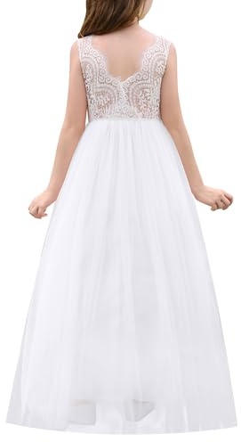 EFOGEP Vestido de encaje para niña, elegante, sin mangas, espalda en V, vestido largo de tul para fiesta, boda, dama de honor, primera comunión, cumpleaños, desfile, princesa, baile de graduación