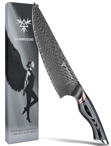 SANMUZUO Coltello da chef da 20 CM - Coltello da cucina giapponese professionale - Acciaio Damasco nero con impugnatura ergonomica - Serie MIAO