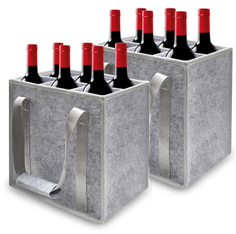 2 sacchetti per bottiglie, 6 bottiglie, stabile in feltro con manico, portabottiglie pieghevole con divisori, per bottiglie d'acqua, vino e birra, 27 x 20 x 27 cm, colore grigio