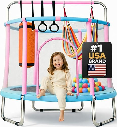 Happin® 55’’ Trampoline for Kids with Safety Enclosure, Indoor & Outdoor Toddler Trampoline, Ultra Safe Design with Multi Activity Accessories, Perfect for Boys & Girls Ages 1–8