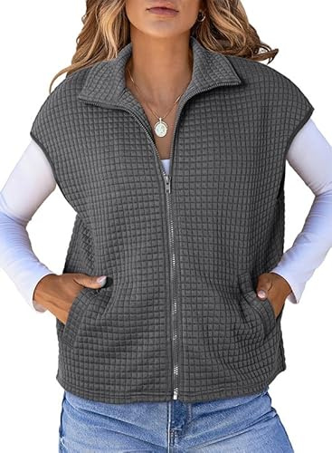 Dokotoo Vest Tops for Women 2026 Spring Summer Collared Zipper Up Cap Sleeve Side Pockets Waffle Knit Loose Casual Outerwear Vest Gray Medium