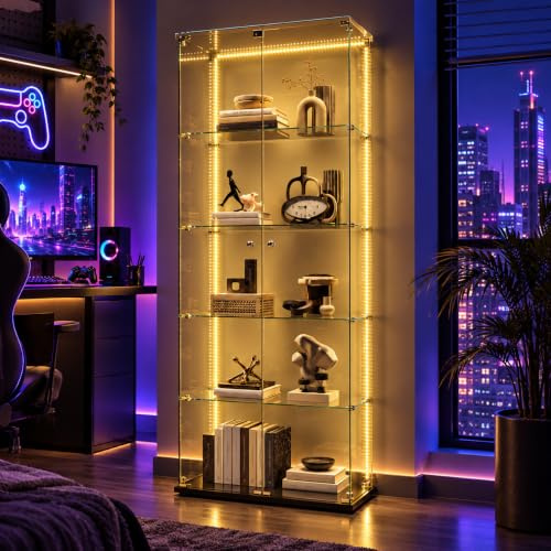 BLSYHDH Visningsglas med LED och vitrinskåp för samling med 2 dörrar, 5 hyllor, transparent, vitrinskåp, figur, skåp, vardagsrum, bar (5 våningar, 2 dörrar + LED-1, svart)